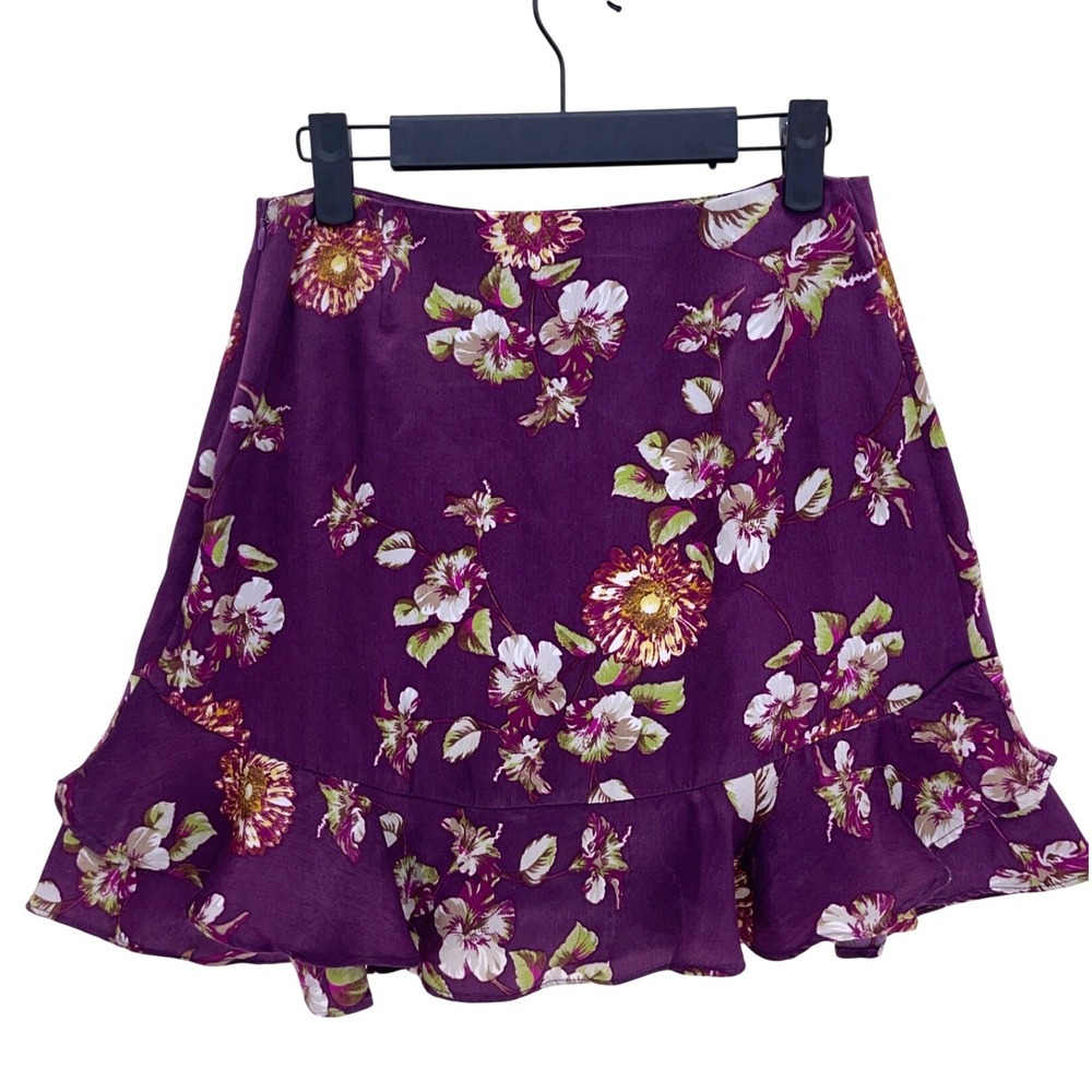 Honey Belle Purple Floral Ruffle Hem Mini Skirt Size M Side Zip Lined 71S2459RB